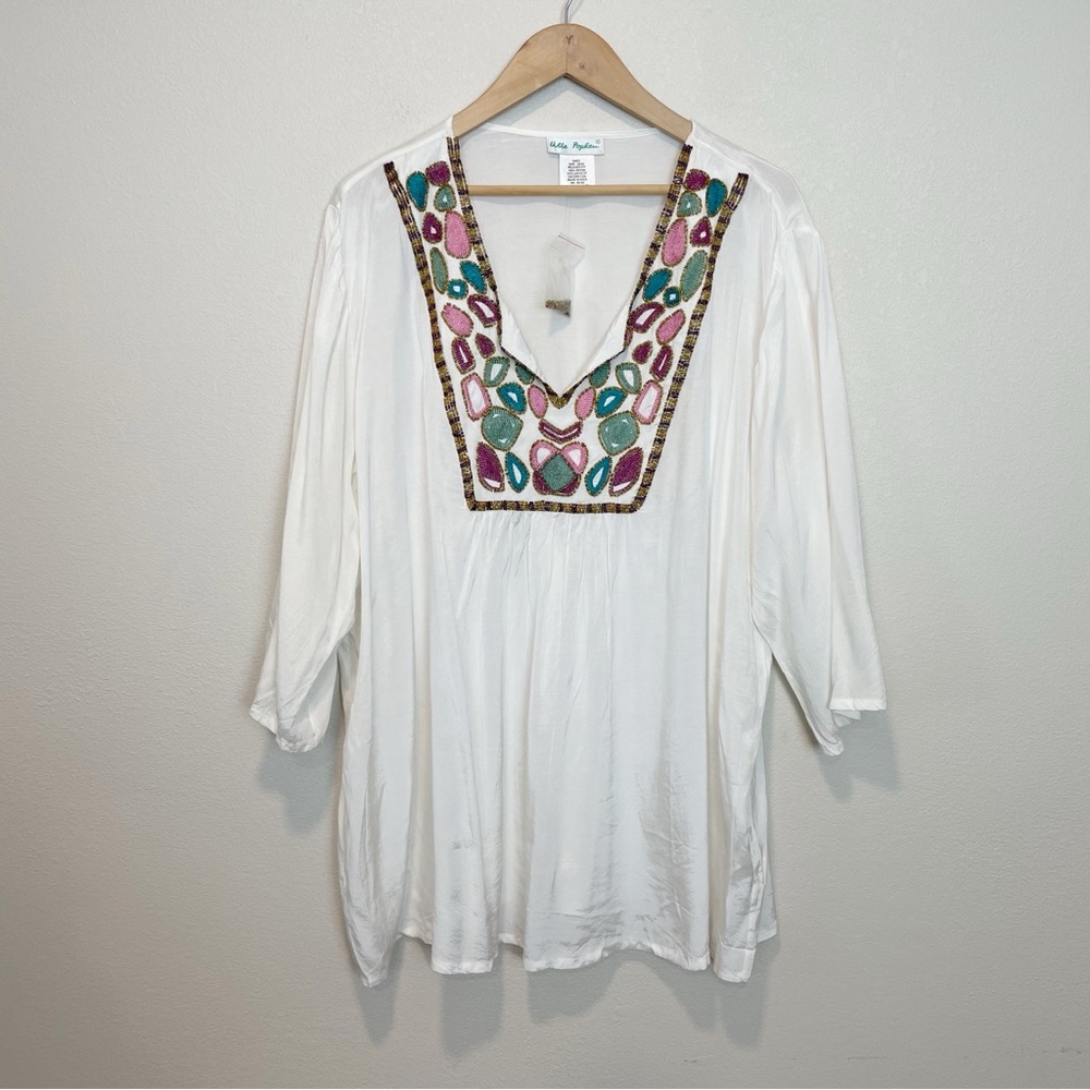 NEW Ulla Popken beaded embroidered tunic blouse art to wear boho Size 20/22